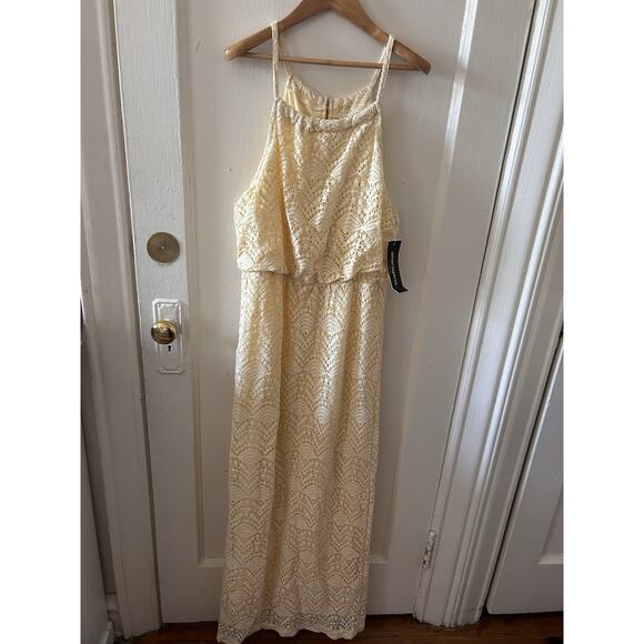 Sharagano Lace Maxi Dress Light Yellow Tank Cinched Waist | 12 - Picture 1 of 4